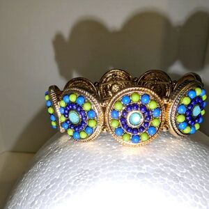 Gold Tone Stretch Bracelet with Blue and Green Tone Beading‎